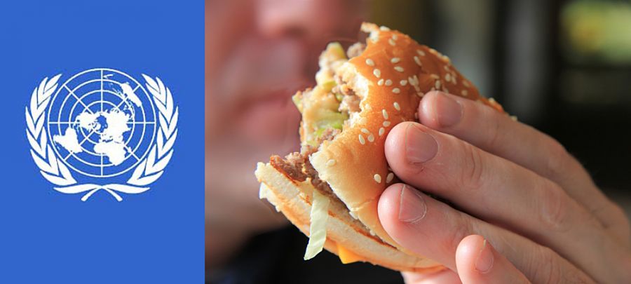 Logo de l'ONU et homme mangeant un hamburger