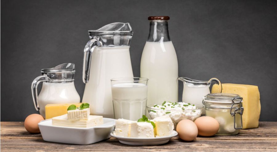 des produits laitiers, yaourts, fromage, lait sur une table