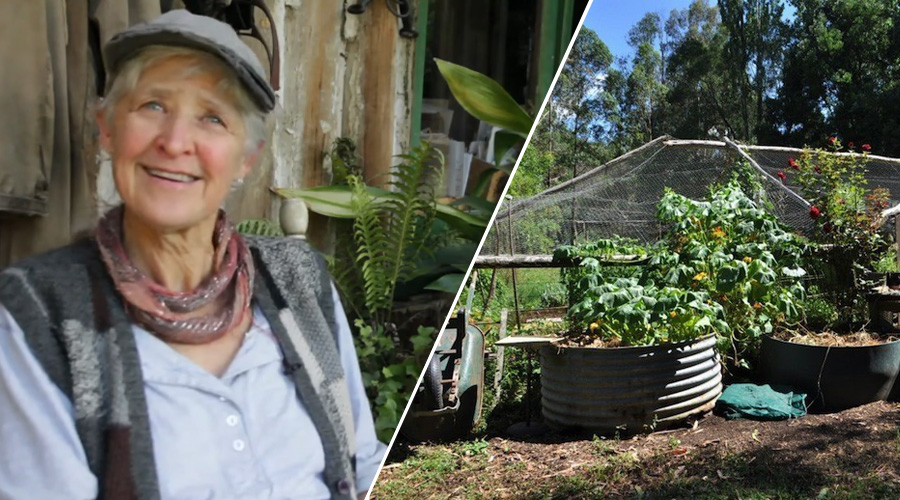 Jill Redwood sourire aux lèvres devant sa maison au milieu de la nature