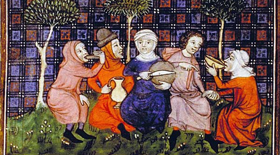 Scène de repas au Moyen Âge avec la répartition des aliments