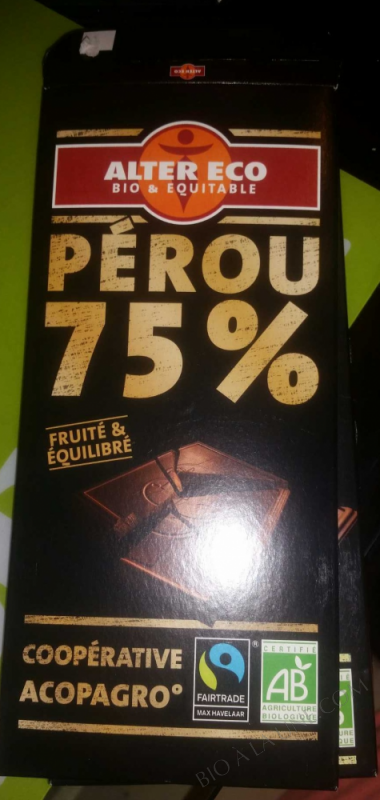 Chocolat Noir Bio 75 % Cacao 100g
