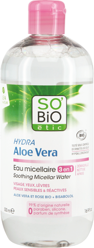 Eau micellaire 3 en 1, peaux sensibles et réactives, Hydra Aloe Vera bio